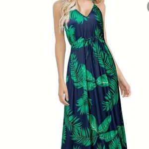 Women’s Black & Green Tropical Leaf Print Boho Maxi Beach Summer Dress Sz-M